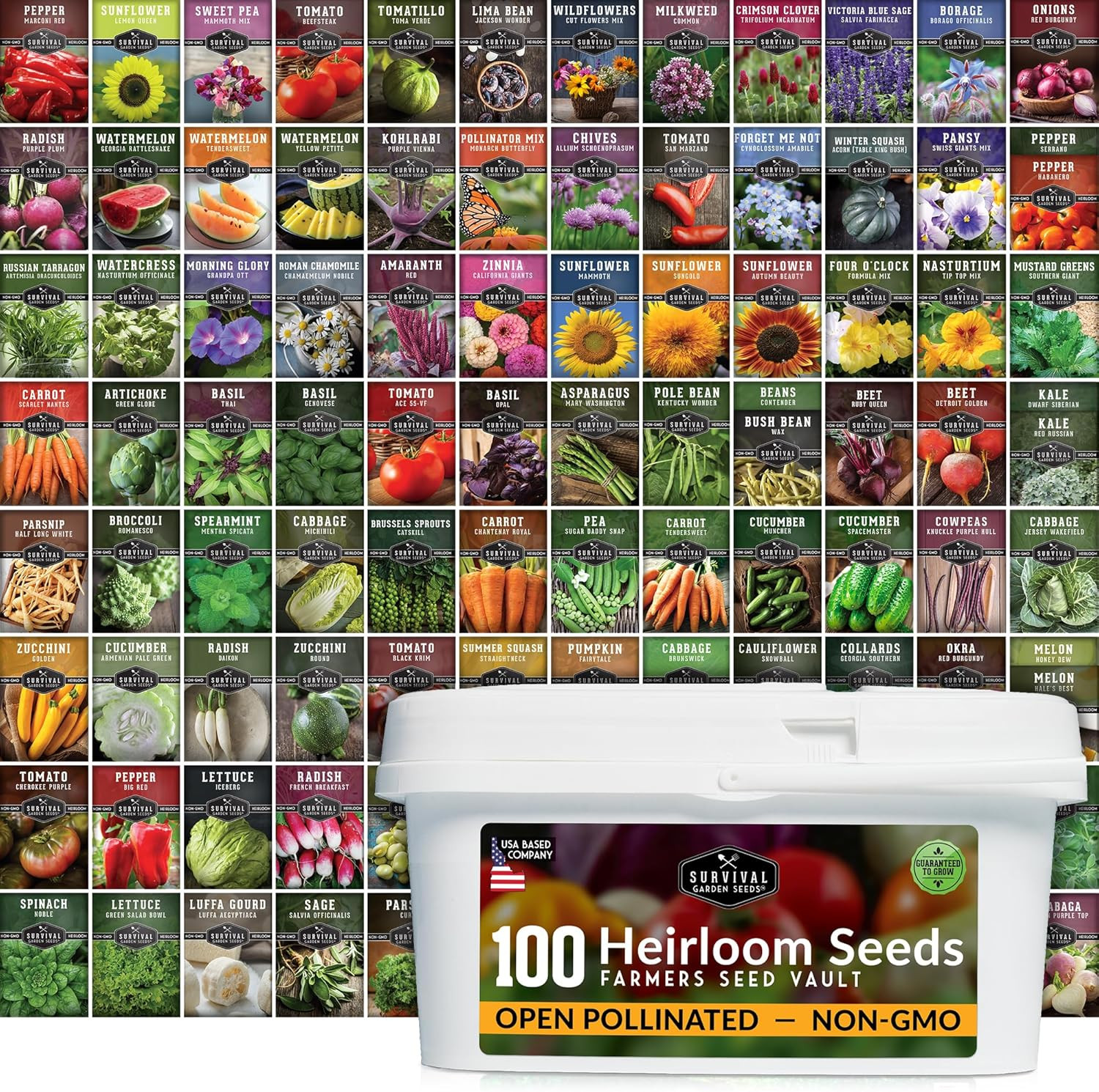 Survival Seed Vault Kit 100 Packs Heirloom Non-GMO Vegetable Seeds Emergency Sup