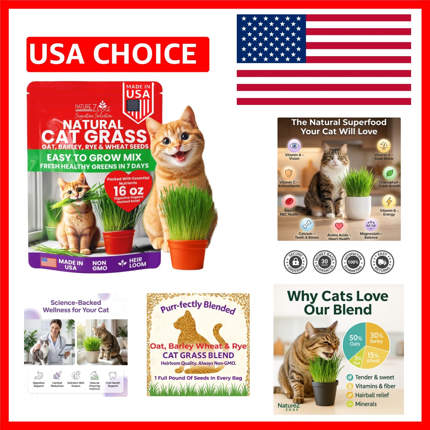 Natural Cat Grass Seeds for Indoor Cats – High Germination Oat, Wheat, Rye
