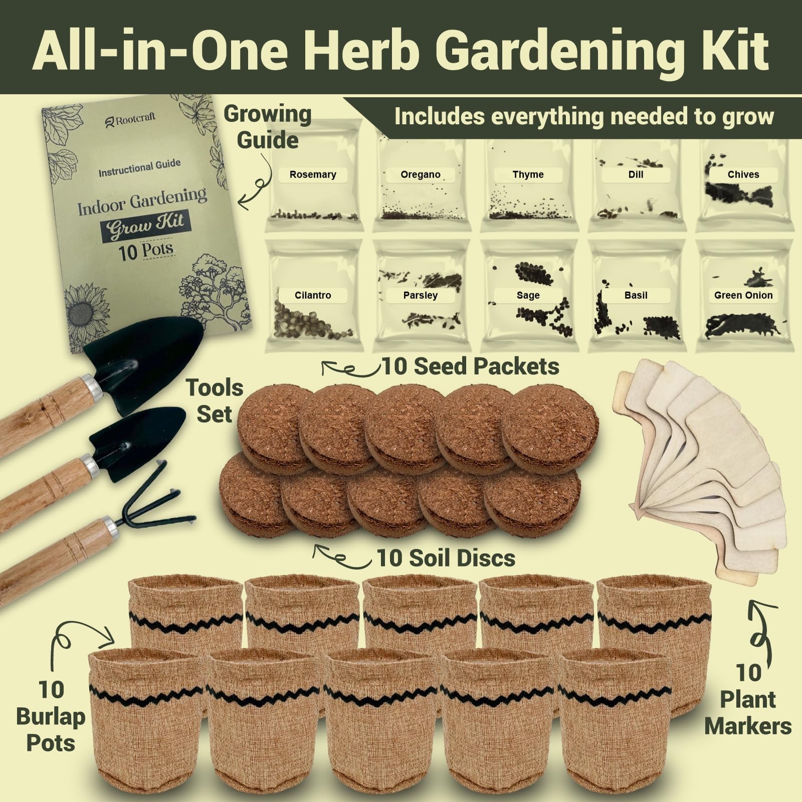 Indoor Herb Garden Starter Kit 44pcs Complete Set with Pots, Markers, Tools