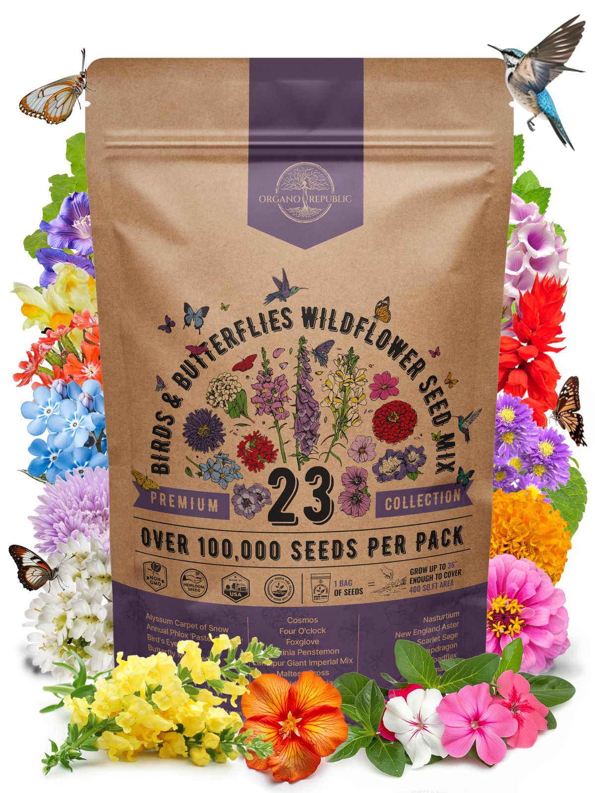 Organo Republic 23 Wildflower Seeds Annual & Perennial Mix for Indoor Outdoors