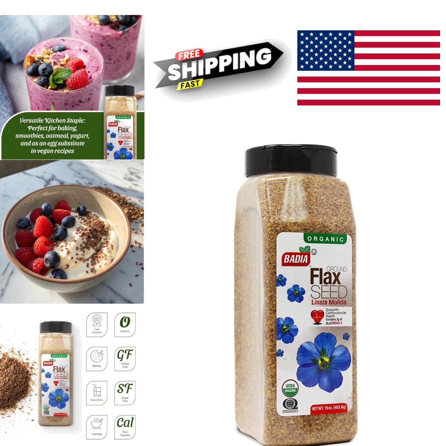 Organic Ground Flax Seed 16 Ounce High Fiber Superfood for Baking and Smoothies