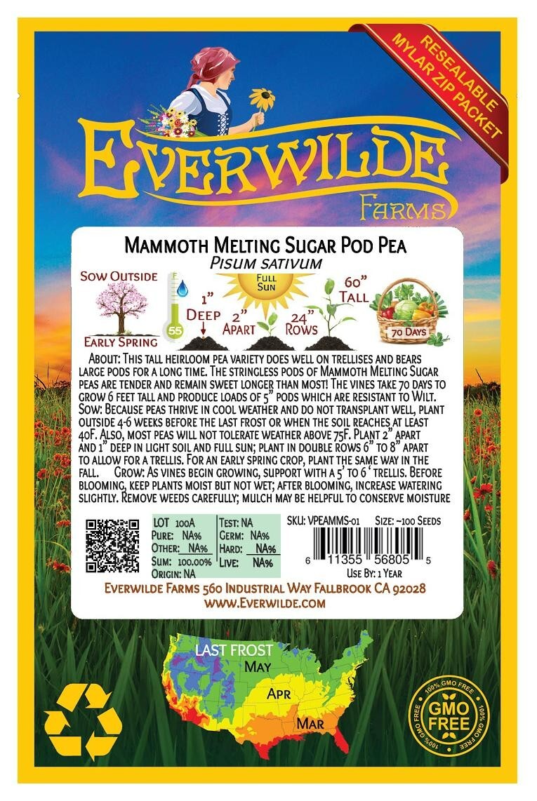100 Mammoth Melting Sugar Pod Pea Seeds – Everwilde Farms Mylar Seed Packet