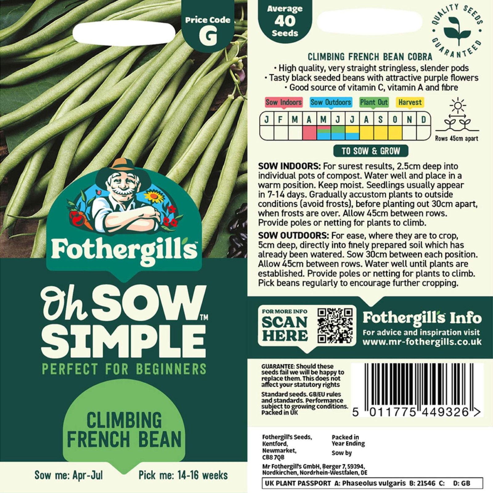 Mr. Fothergill’s Climbing French Bean Seed Oh Sow Simple, Easy to Grow