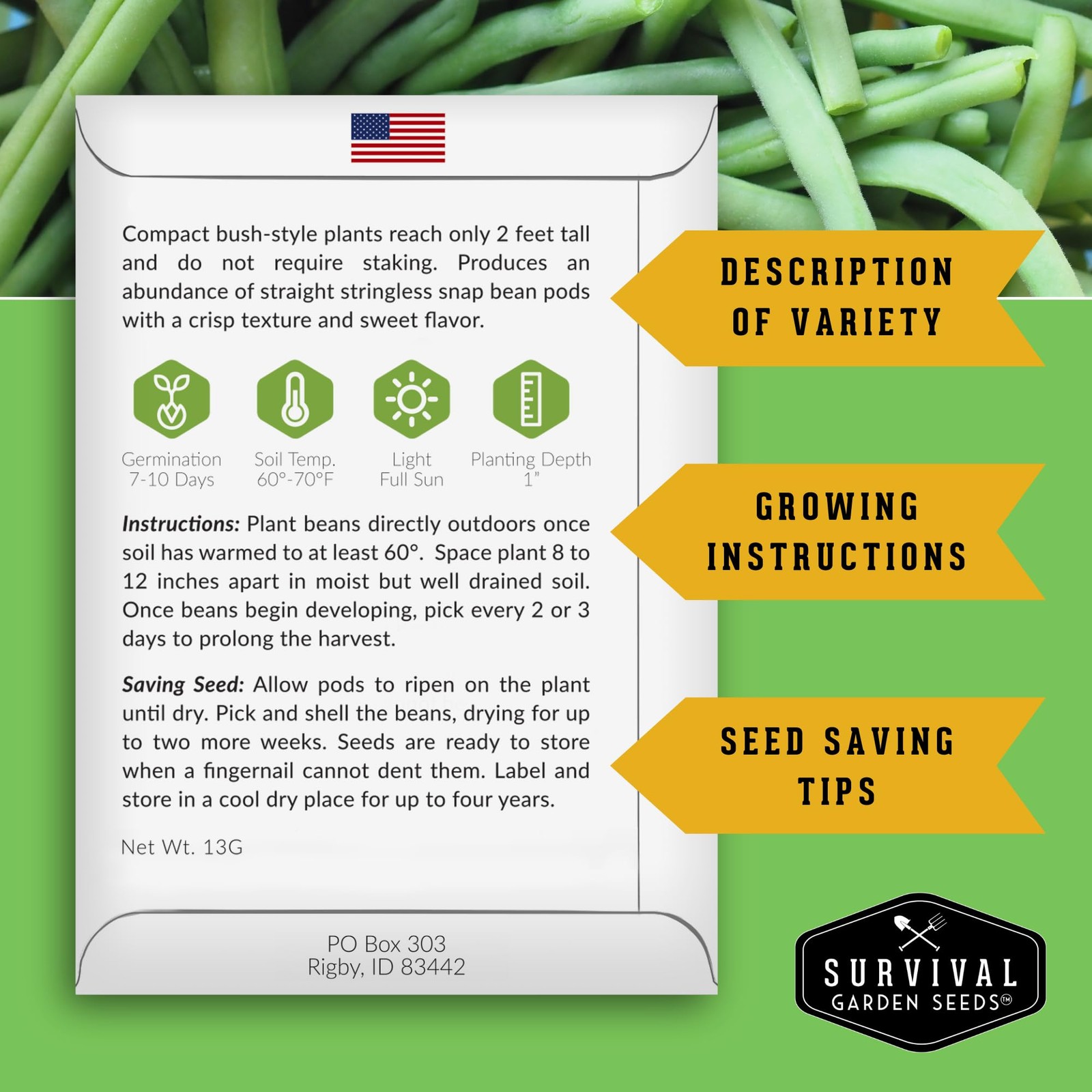 Bush Bean Seeds for Planting – Survival Garden Seeds | 4 Heirloom Snap Bean V…