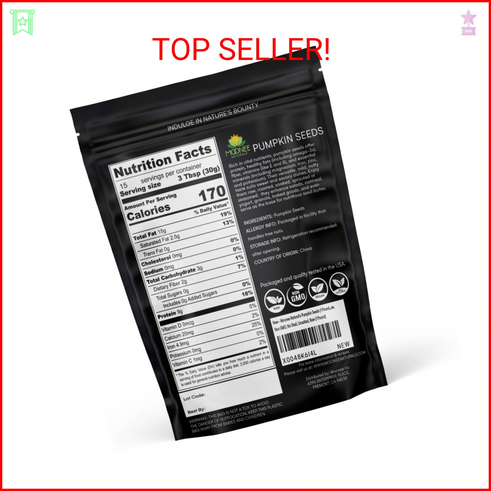 Moonee Natural’s Pumpkin Seeds (1 Pound), Gluten Free, Non GMO, No Shell, Unsalt