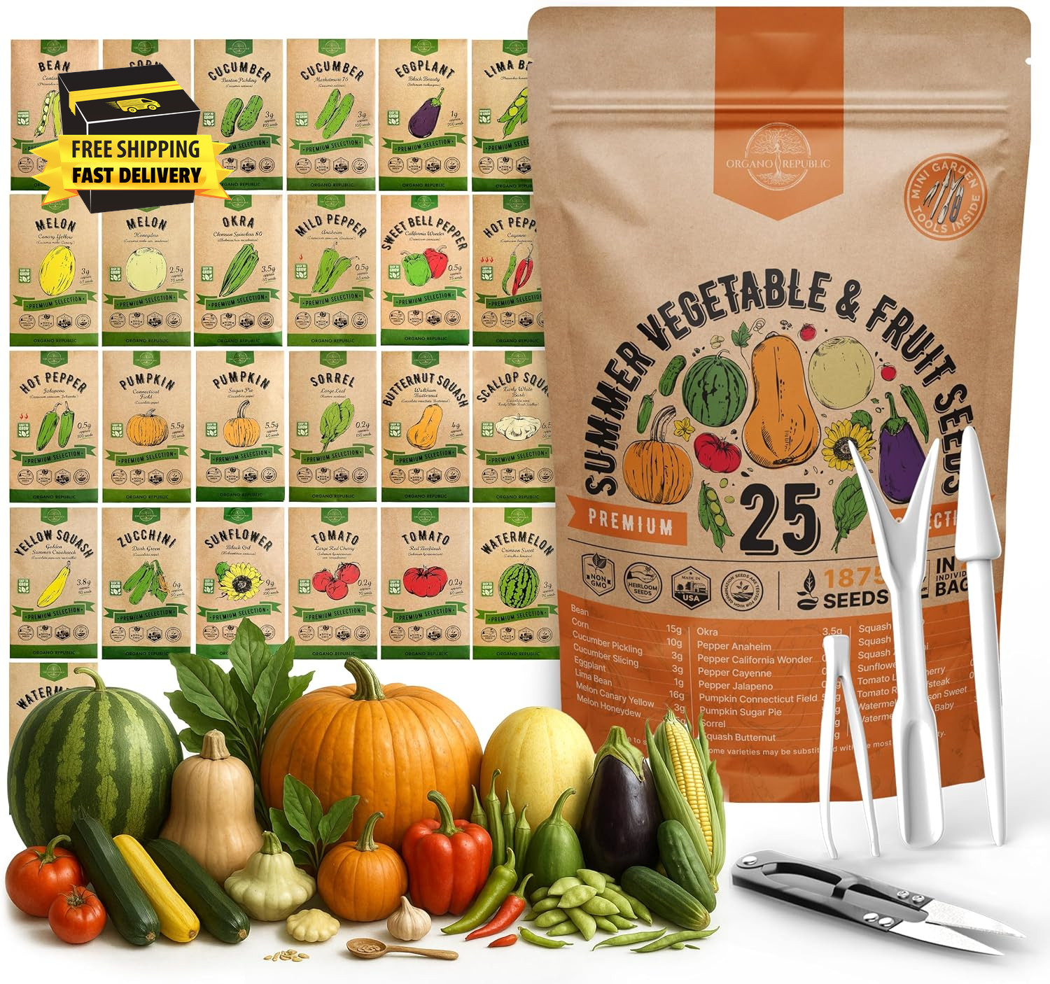25 Summer Vegetable & Fruit Seeds Variety Pack – 1,870+ Non-Gmo Heirloom Veggie