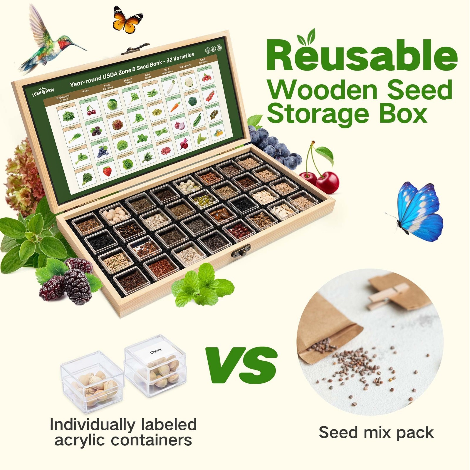 32 Non-GMO Heirloom Seed Varieties – Year-Round Vegetable & Herb Garden Kit, Sur