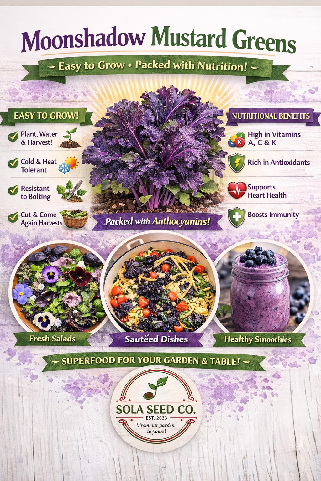 300 Rare Moonshadow Mustard Greens Seeds- Purple Ethiopian Kale Edible Green-USA