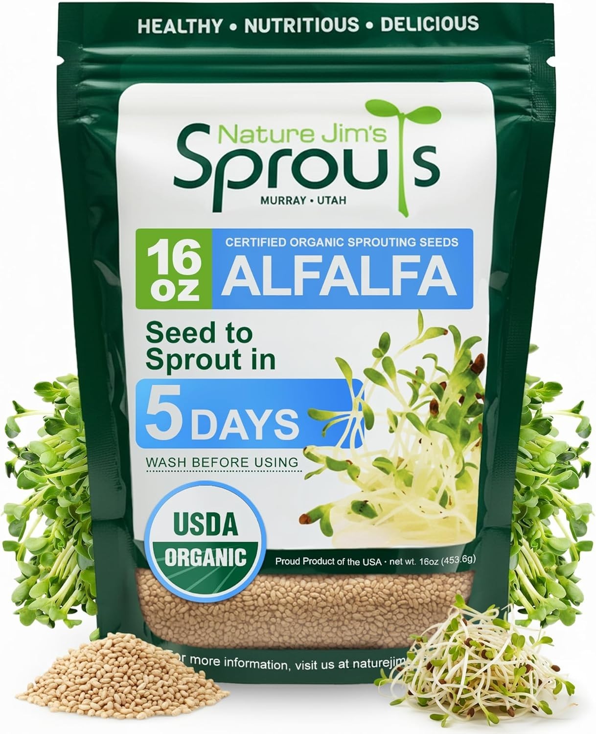 Non-GMO Organic Alfalfa Seeds – 16oz Sprout Growing Kit for Home Gardens
