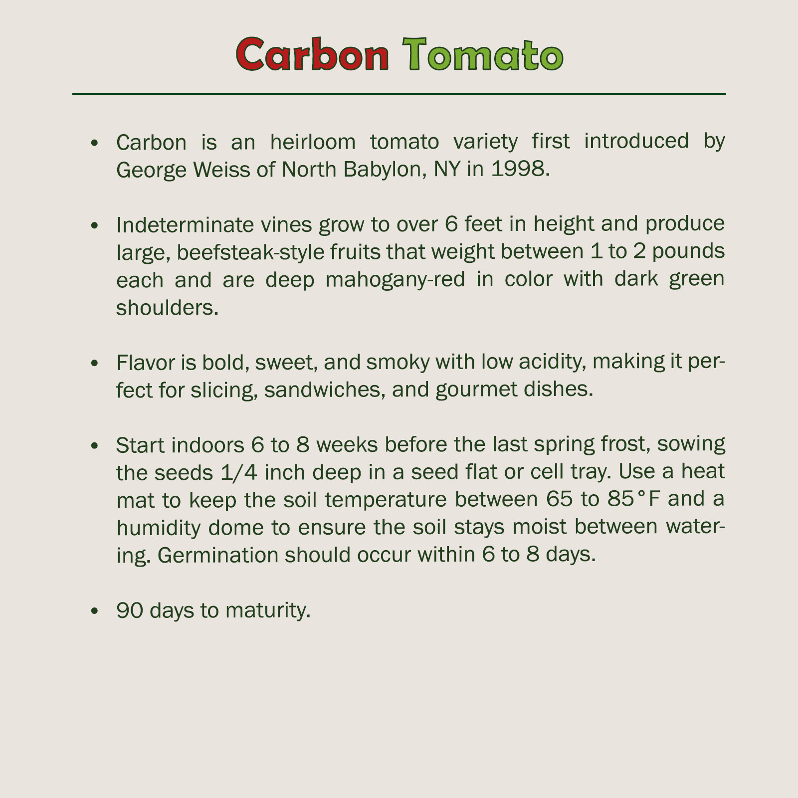 10 Carbon Tomato Seeds, Organic, Heirloom, Non-GMO, Genuine USA
