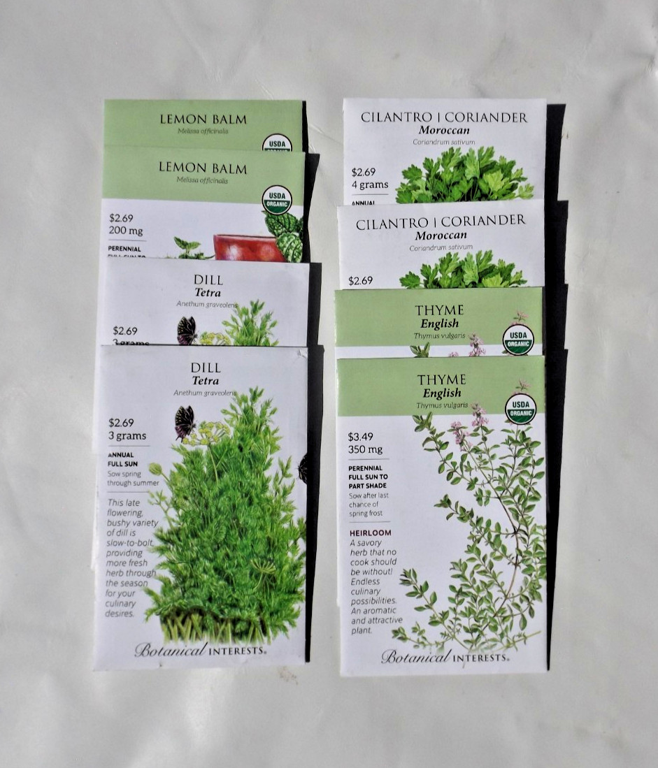 Lot#3 8 packs Botanical Interests seed, Herbs, Dill, Cilantro, Thyme, Lemon balm