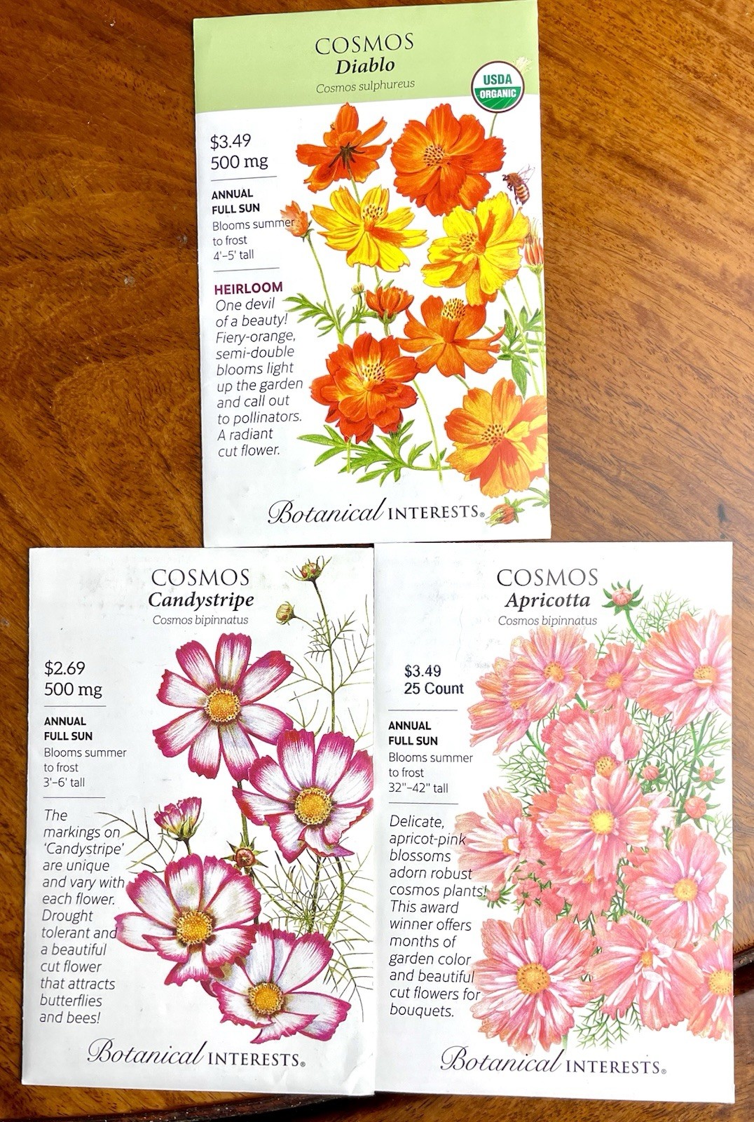 Botanical Interests Flower Seeds Lot x3 COSMOS Diablo Apricotta Candystripe