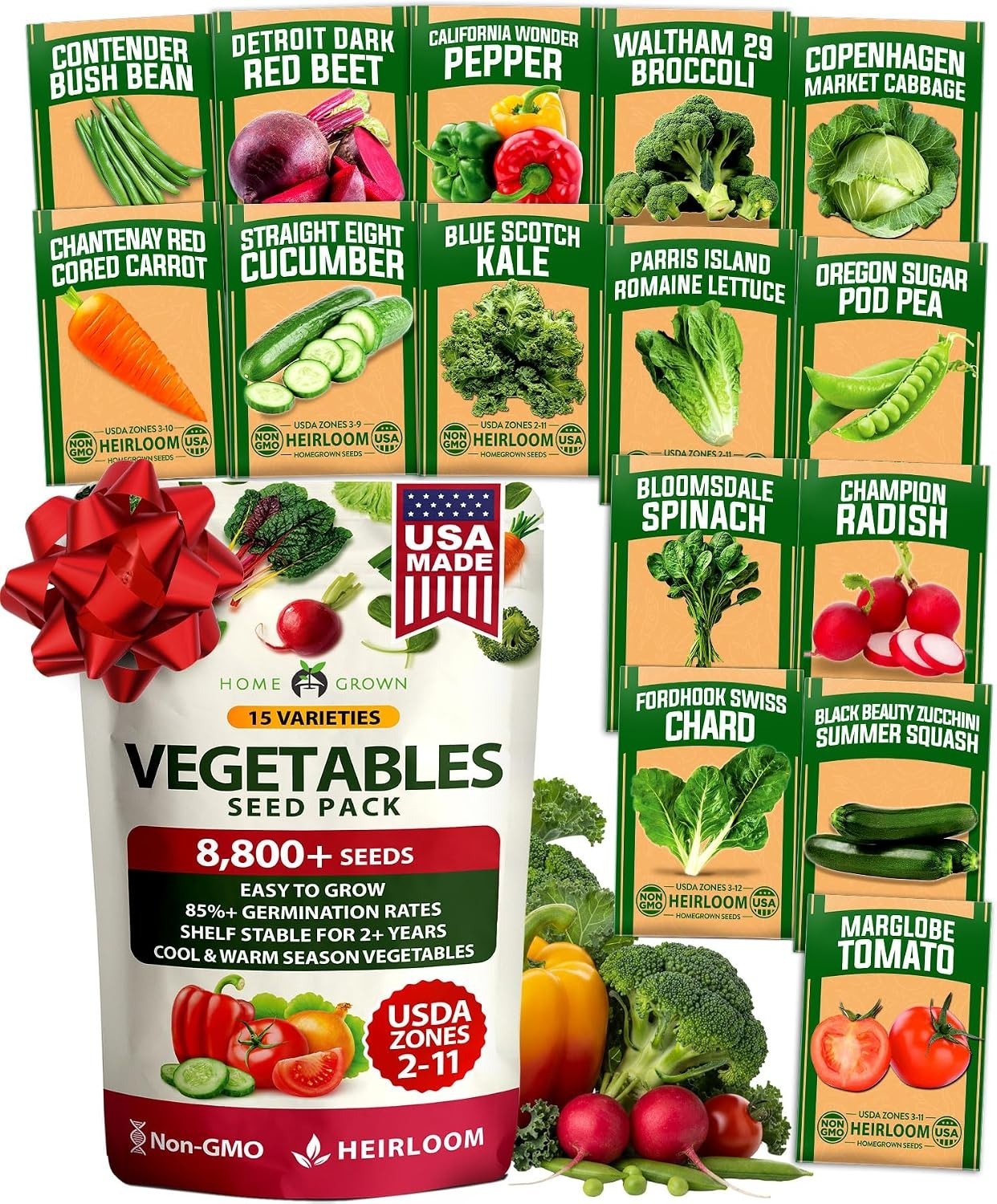 HOME GROWN 15 Variety Survival Seed Vault 8,800+ Heirloom Non-GMO Vegetable Seed