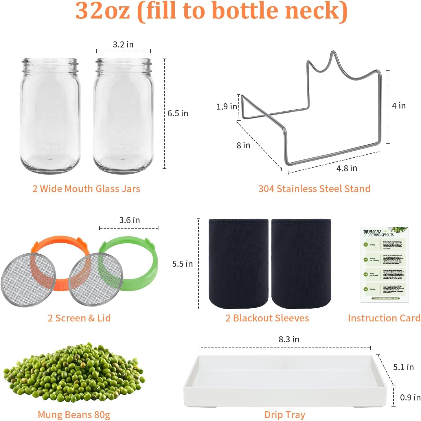 Seed Sprouting Kit with Mung Beans 80G, 2 Large Wide Mouth Mason Jars with Sprou