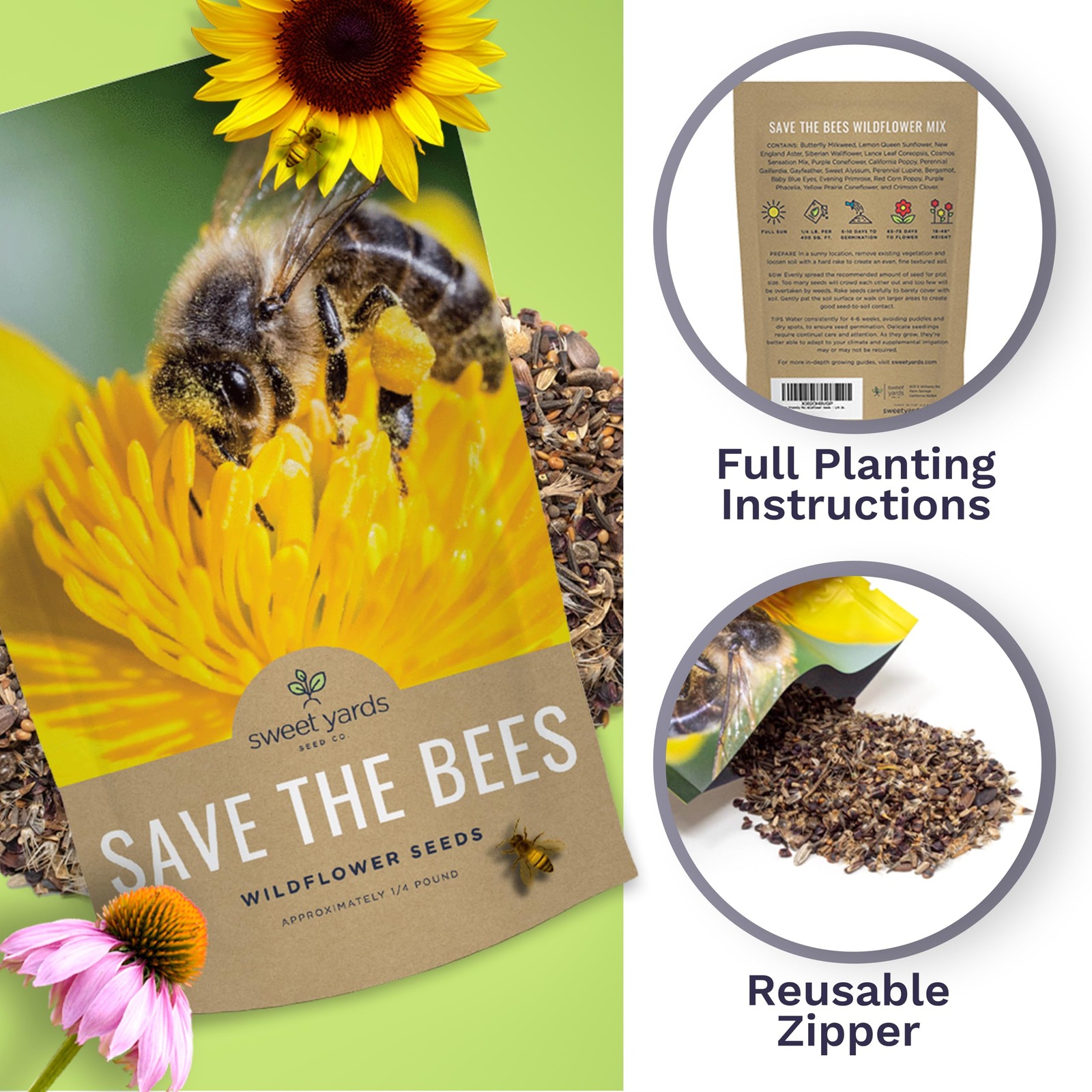 Bee Friendly Wildflower Seed Mix – Bulk 1/4 Pound Bag – Over 30,000 Open Poll…