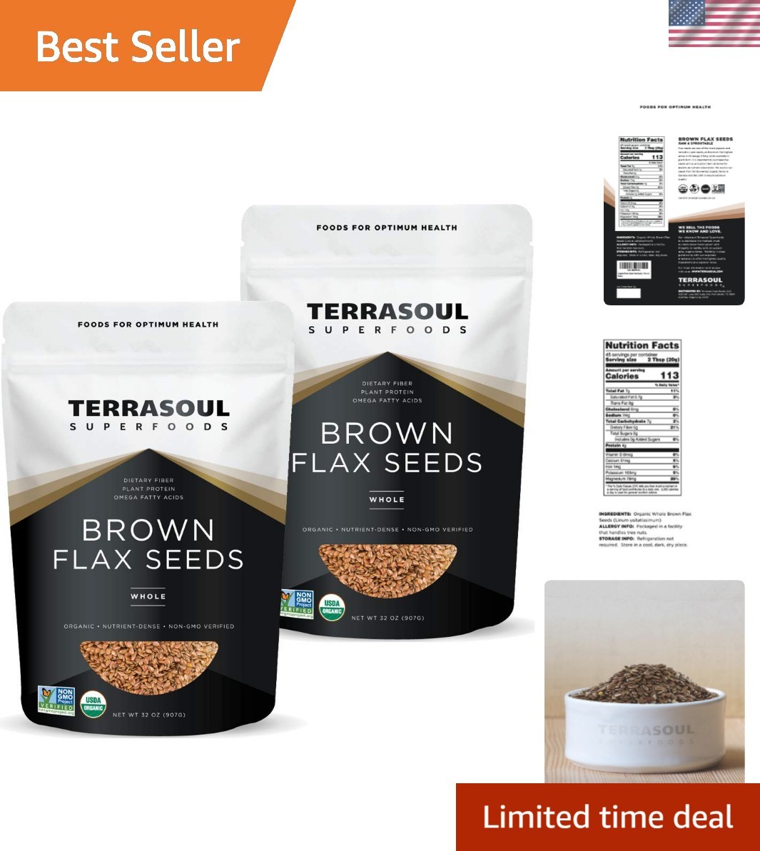 Raw Organic Brown Flax Seeds 4 Lbs, Non-GMO & Gluten-Free, Perfect for Vegans