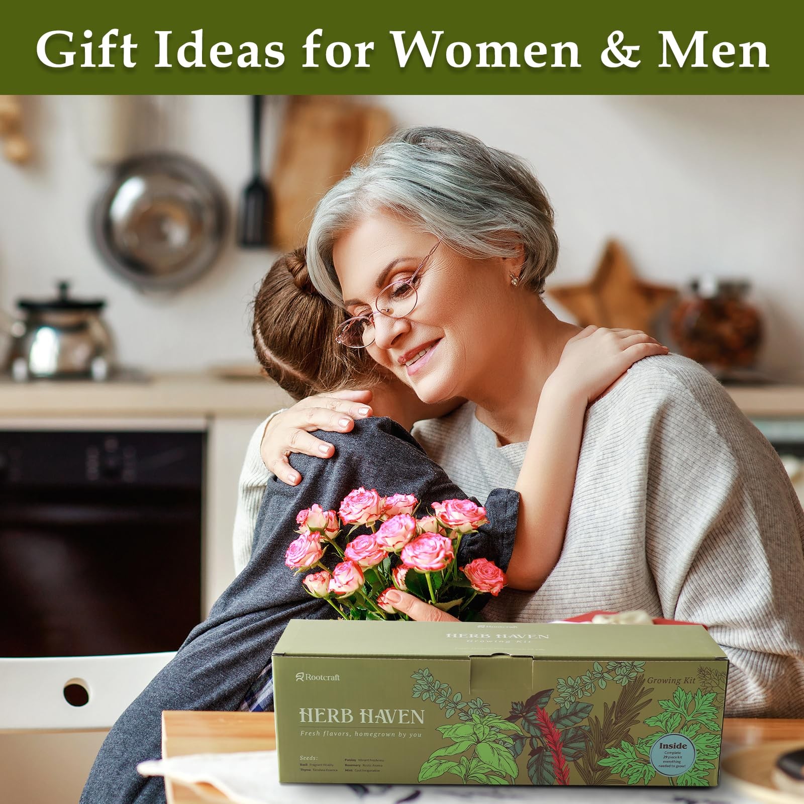 Indoor Herb Garden Planter Kit with Wooden Box – Seed Starter for Basil, Thyme