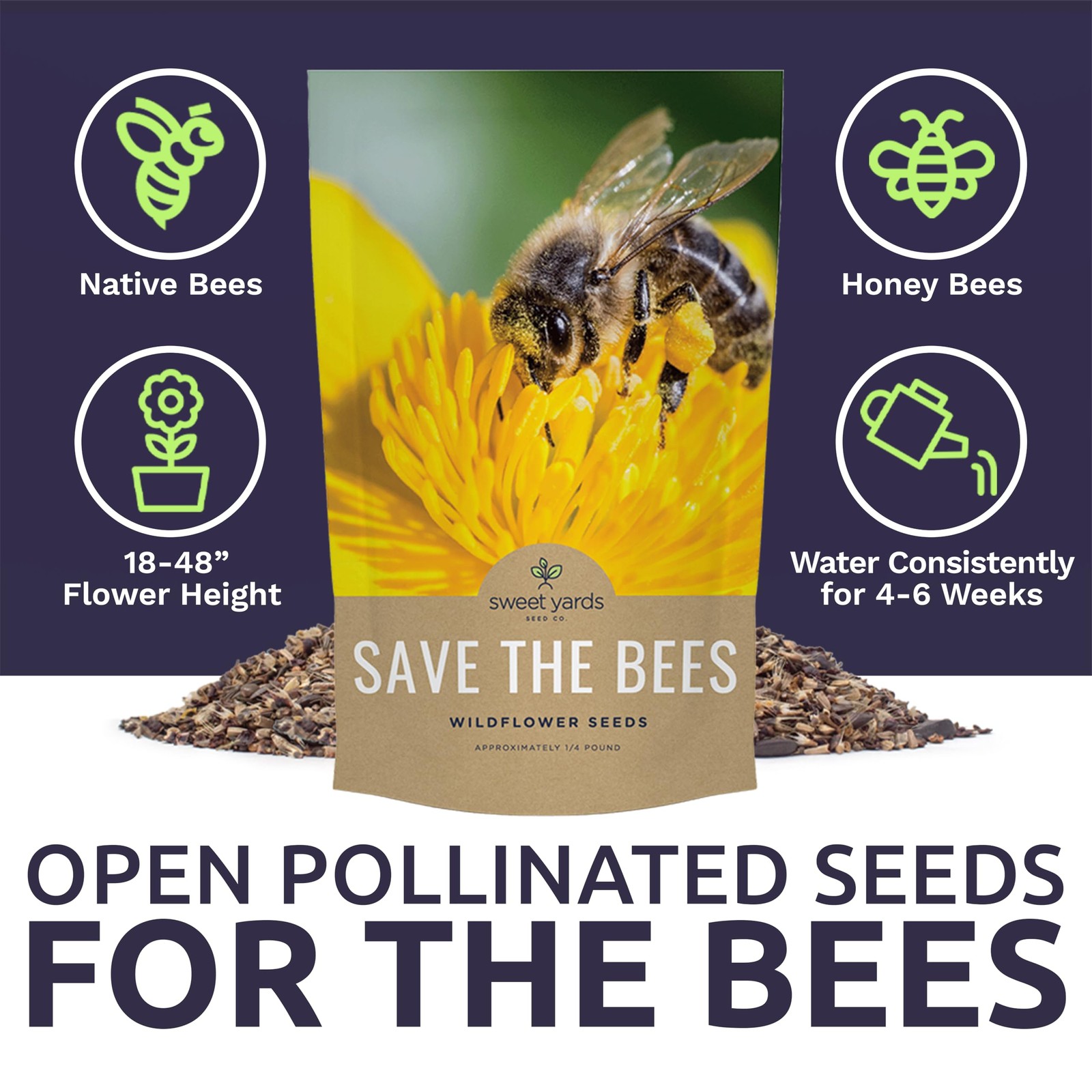Bee Friendly Wildflower Seed Mix – Bulk 1/4 Pound Bag – Over 30,000 Open Poll…