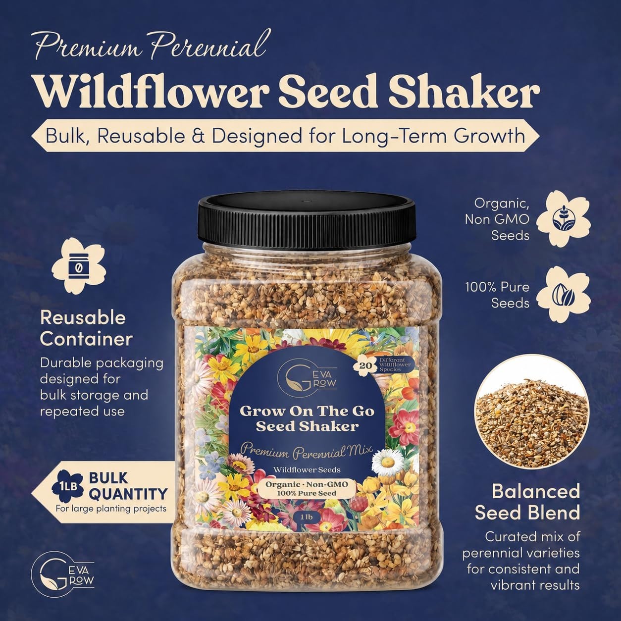 Bulk Wildflower Seed Shaker – 900,000+ Perennial Flower Seeds Mix, 1 lb Tub, Pla
