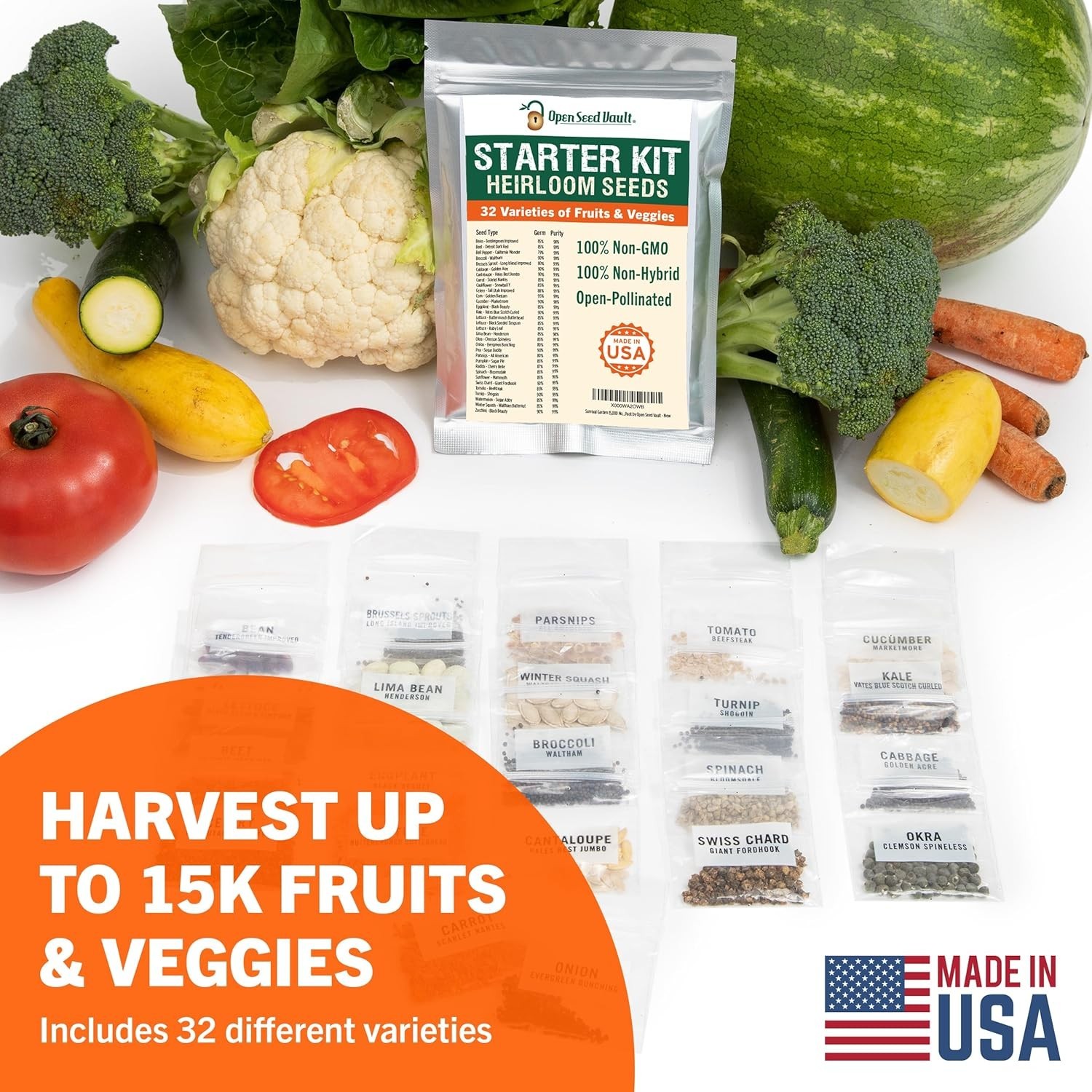 15,000 Heirloom Vegetable Seeds Pack 32 Varieties Non-GMO for Gardening