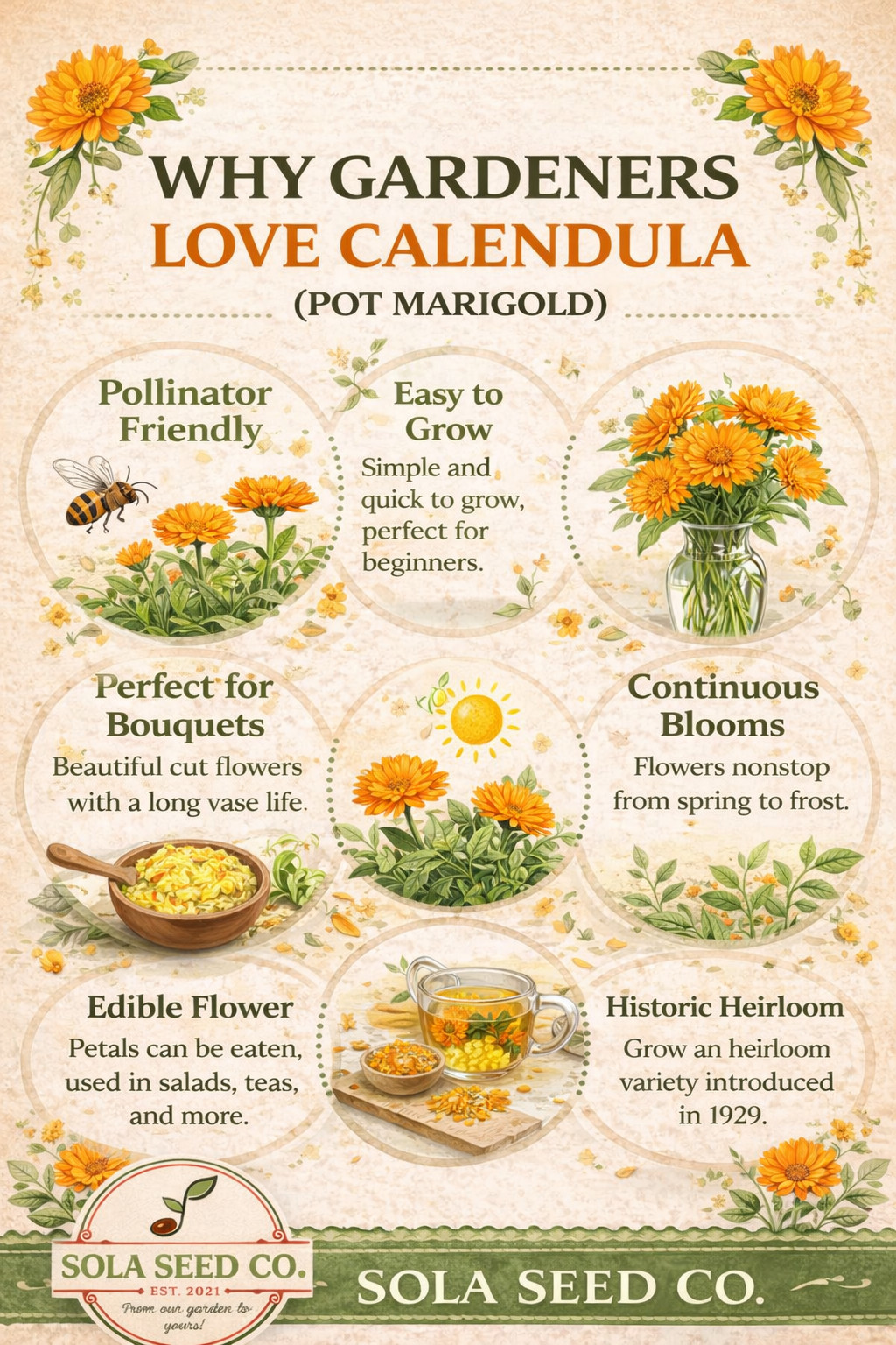 30 Ball’s Orange Calendula Seeds, Calendula officinalis, Edible, Landscape, USA