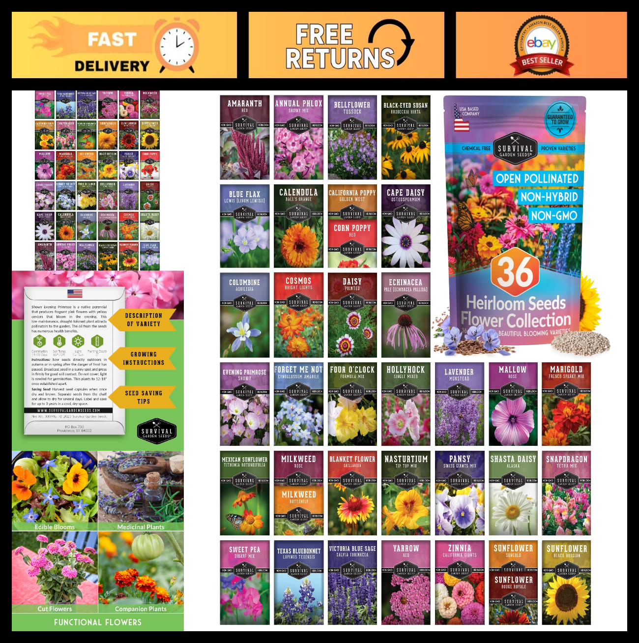 36 Flower Seed Packs – Annual & Perennial Garden Kit for Pollinators & Butterfli