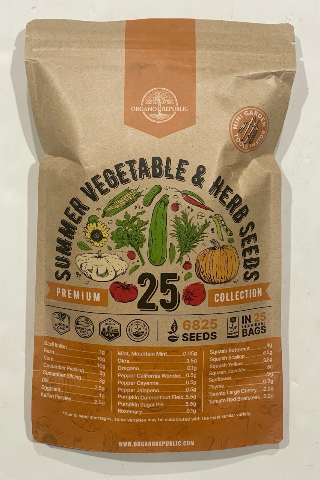 ORGANO REPUBLIC SUMMER VEGETABLE & HERB SEEDS-PREMIUM 25 COLLECTION-MINI TOOLS
