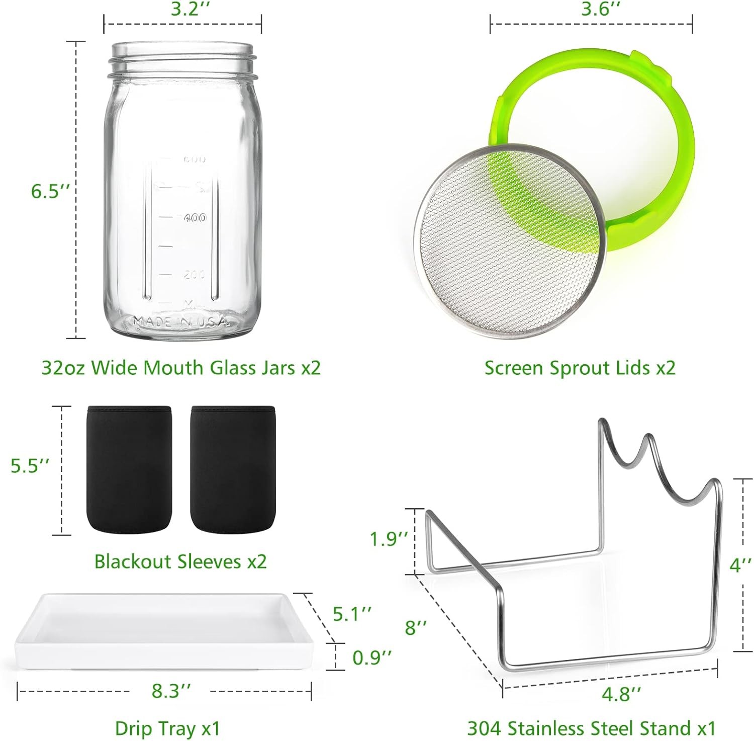 Kitmiido Seed Sprouting Kit, 2 Large Wide Mouth Mason Jars with Sprout Lids, Bla