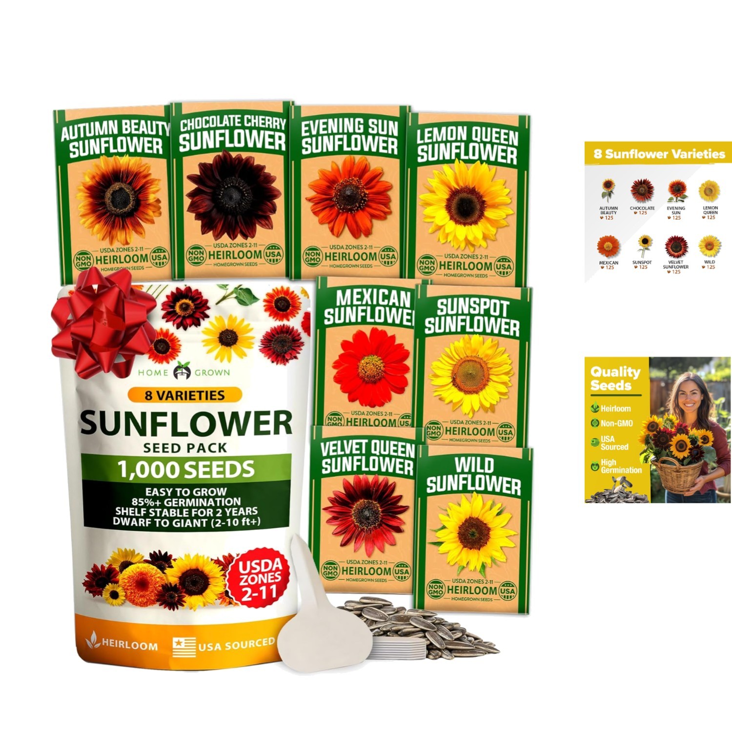Vibrant Sunflower Garden Set: 1000+ Heirloom Seeds Across 8 Stunning Varieties