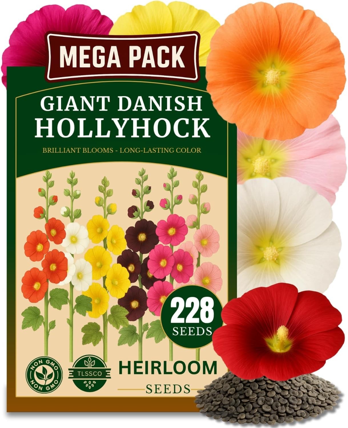 Flower Seeds: Heirloom Giant Hollyhock Carnival Mix Vibrant Blooms Garden Pack