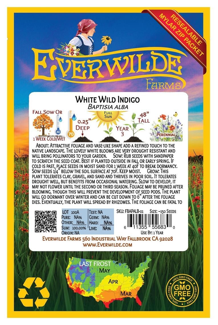 150 White Wild Indigo Wildflower Seeds – Everwilde Farms Mylar Seed Packet