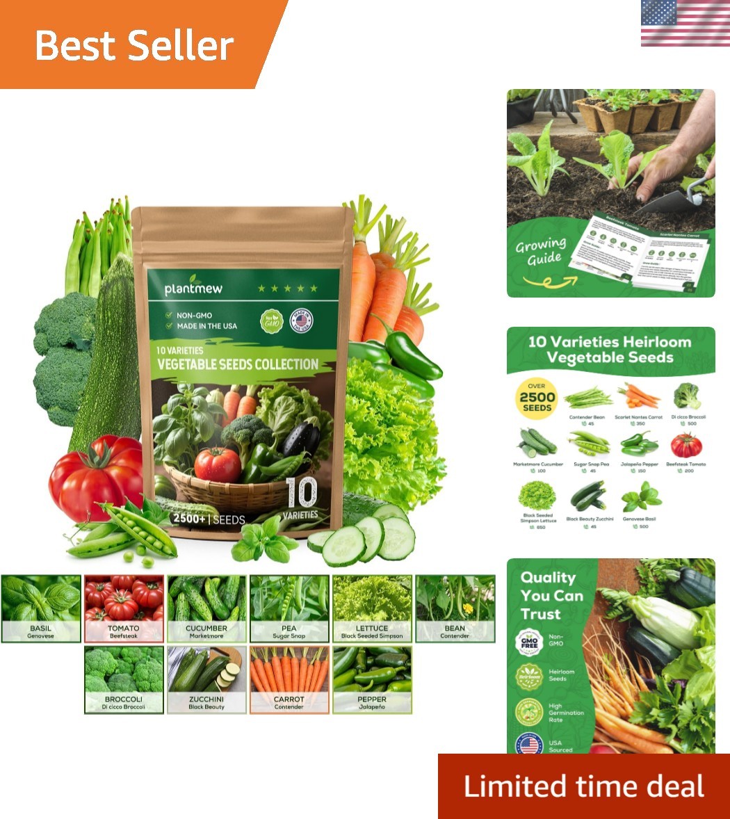 10 Vegetable Seeds Pack – Non GMO, Heirloom – Basil, Snap Pea, Broccoli, Bean…