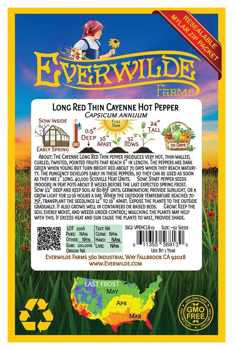 50 Long Red Thin Cayenne Hot Pepper Seeds – Everwilde Farms Mylar Seed Packet