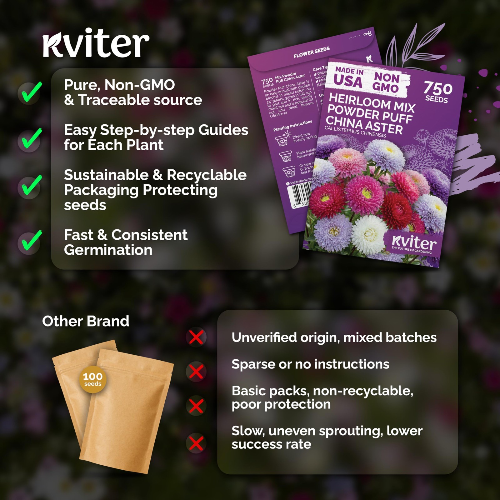 KVITER 750 Mix Powder Puff China Aster Seeds (Callistephus Chinensis)