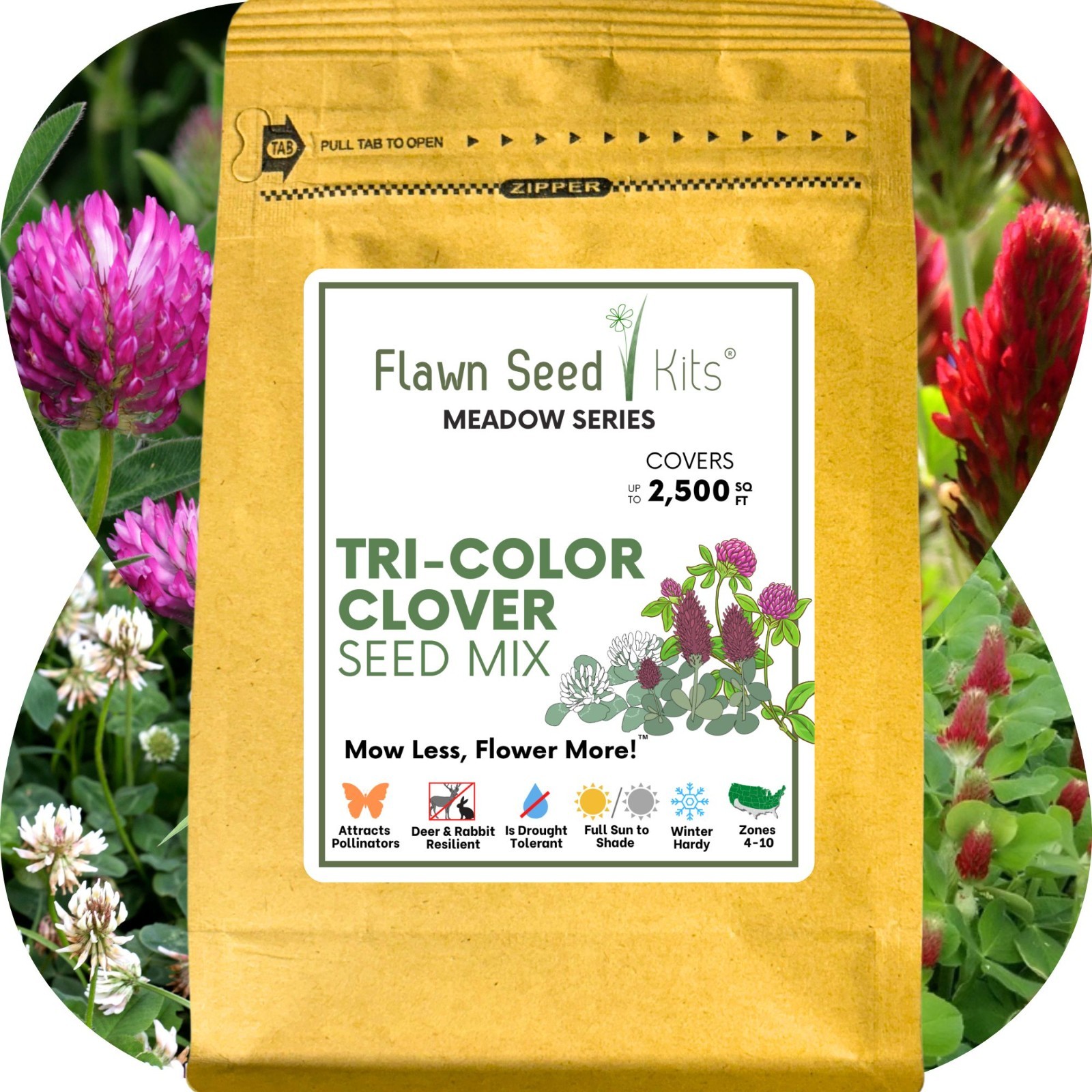 Flawn Seed Kits Tri-Color Clover Seed, Equal Mix 3 Clovers, Flowering Lawn
