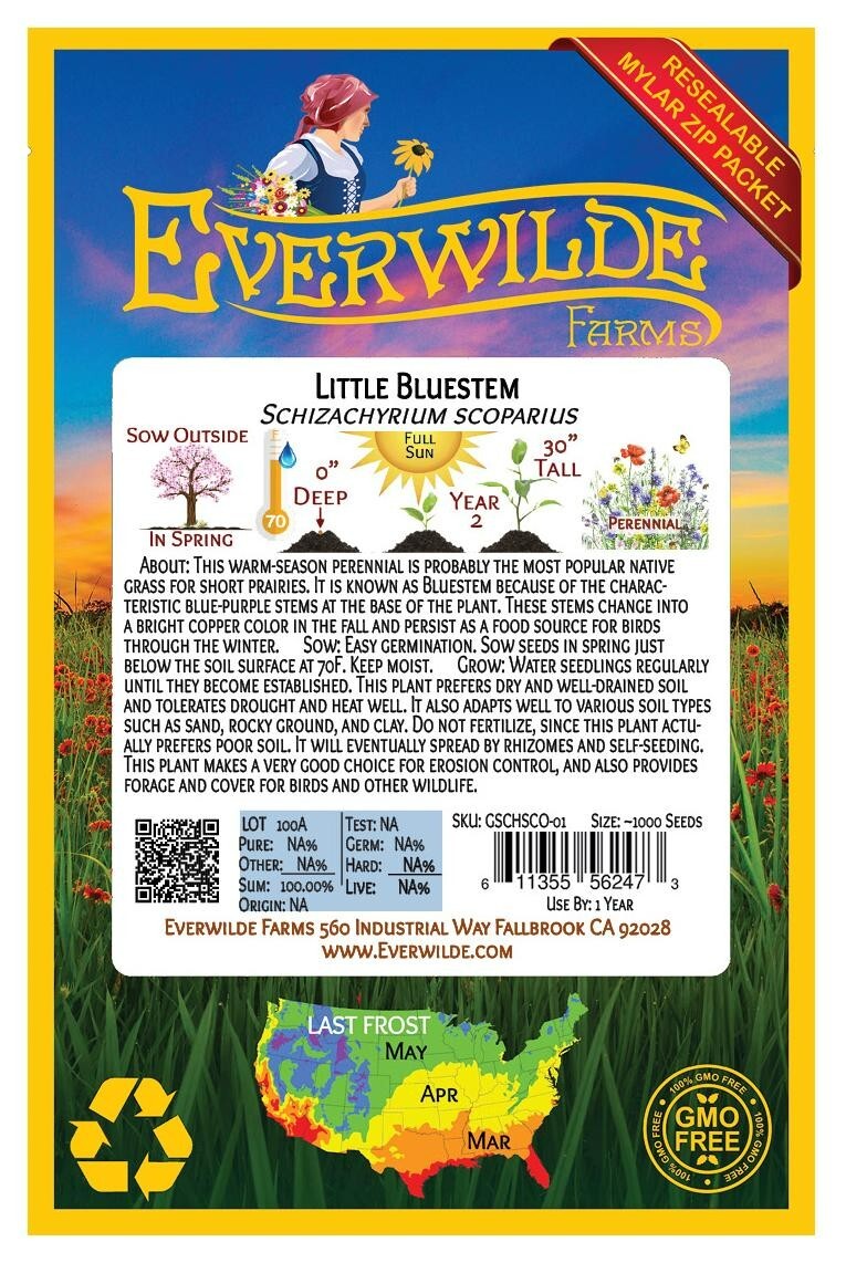 1000 Little Bluestem Native Grass Seeds – Everwilde Farms Mylar Seed Packet