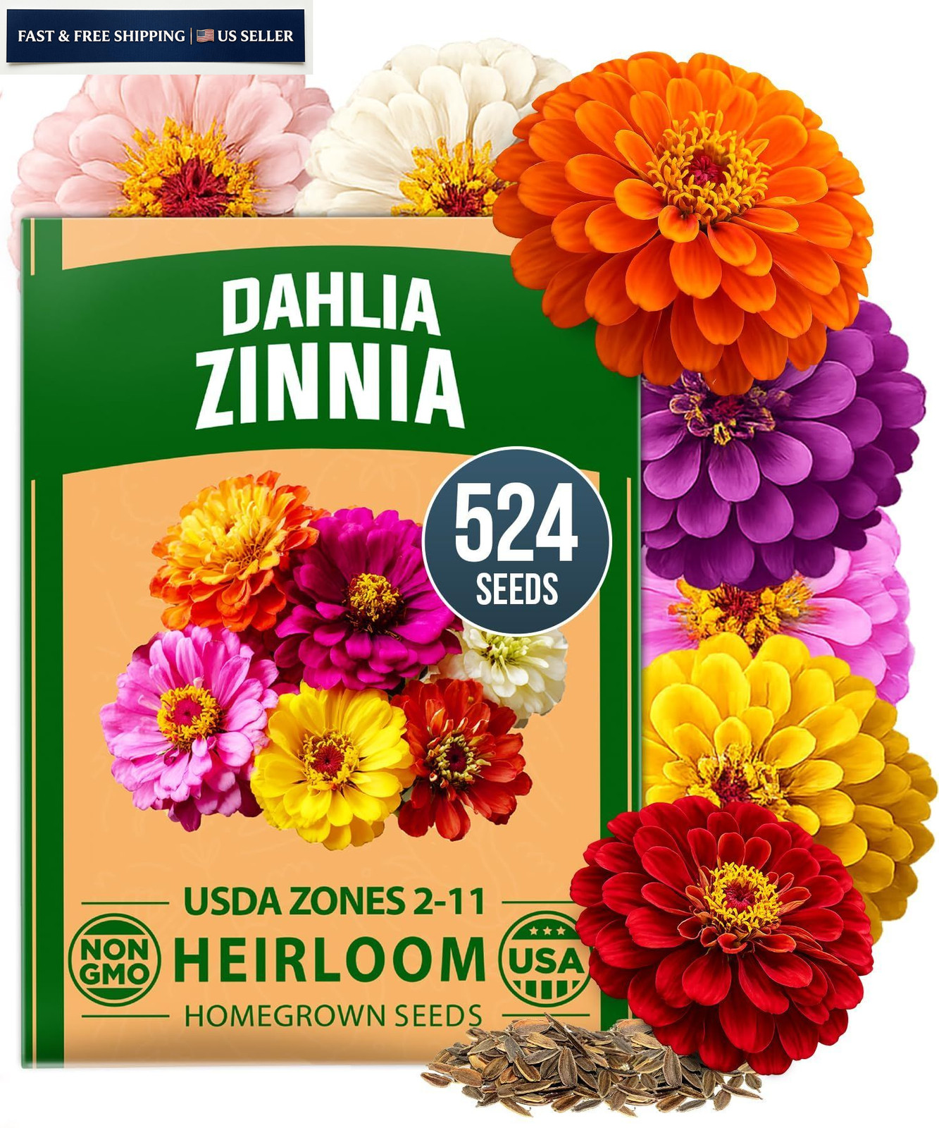 HOME GROWN Zinnia Dahlia Seeds Pack for 2026 Non GMO 524 Flower 1-Pack, Multi