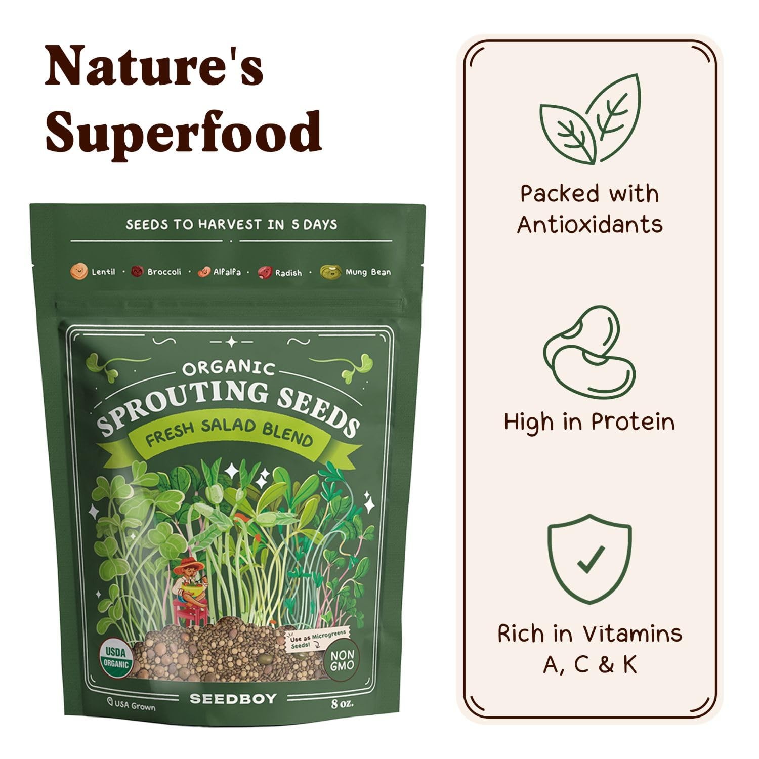 Organic Non-GMO Sprouting Seeds, Fresh Salad Blend – USA Grown Microgreens Mi…