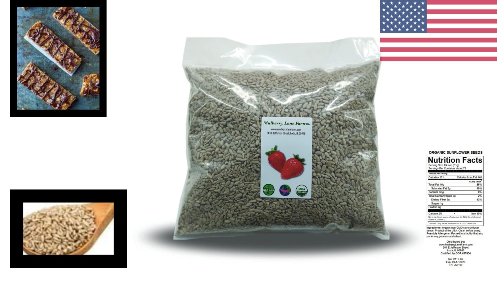 Organic Sunflower Seeds 5 Pounds Raw Hulled Unsalted Non-GMO Snack
