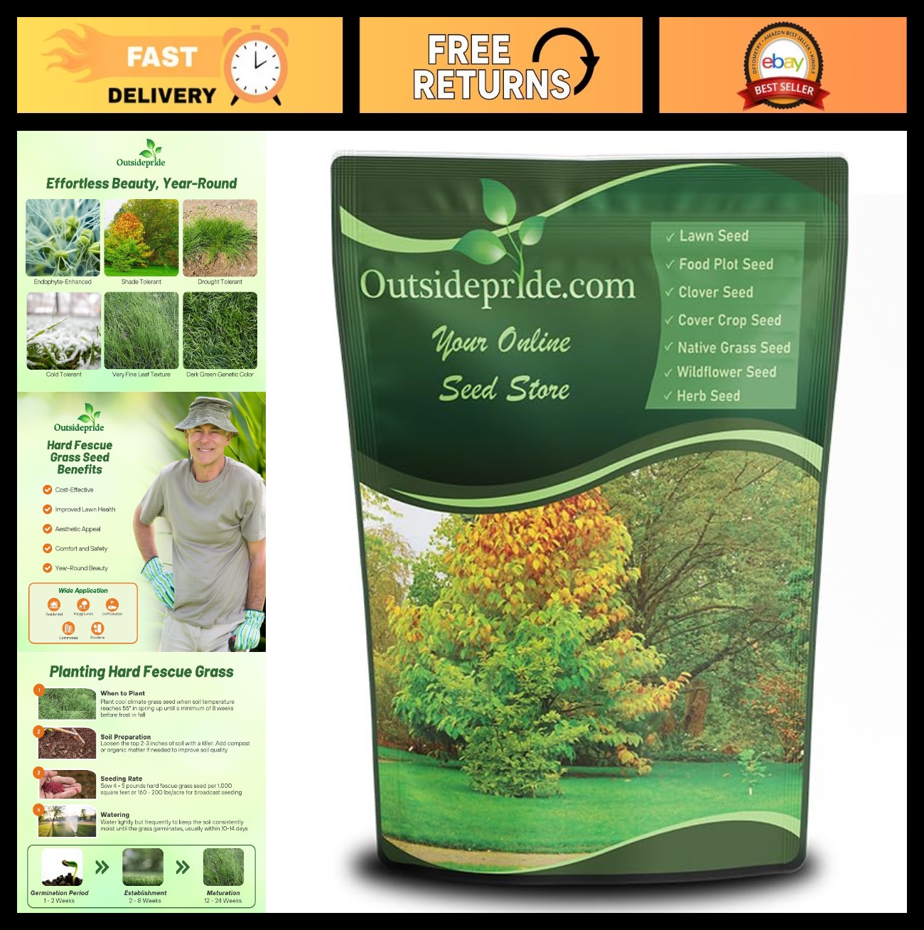 Fine Fescue Grass Seed – 5 lbs, Low-Growing, Drought & Shade-Tolerant, Dense Tur