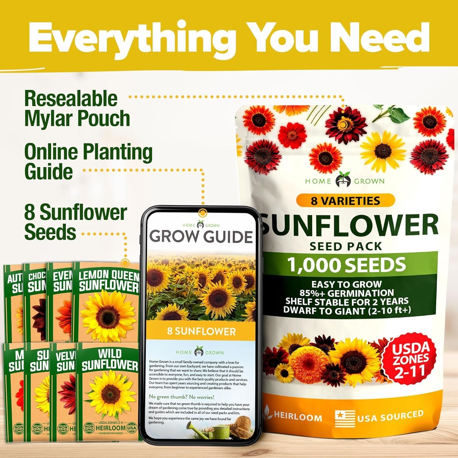 HOME GROWN Sunflower Seeds for Planting 8 Varieties 1000+ Non-GMO Sun Flower