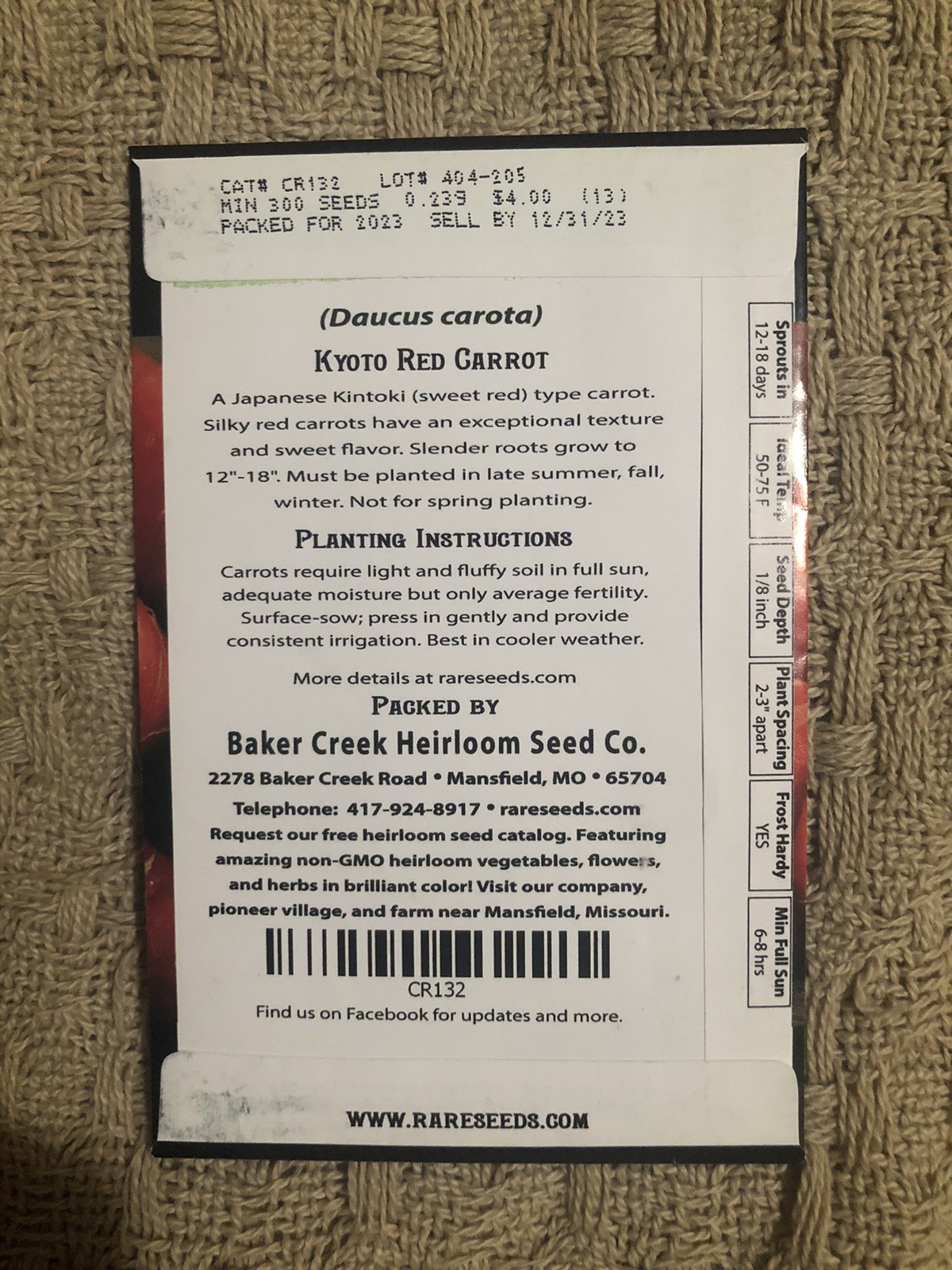 Lot Of 2 Baker Creek Kyoto Red Carrot Seeds 2023