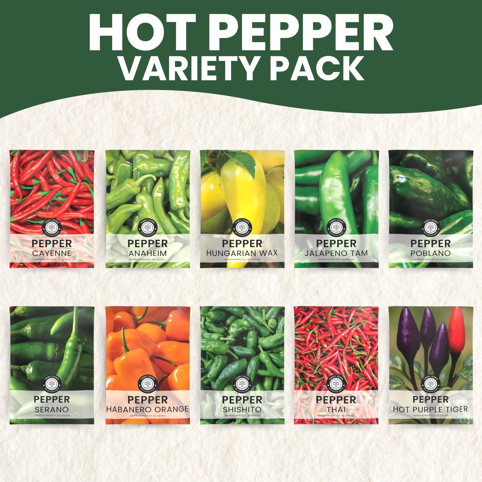 Hot Pepper Seeds | 10 Individual Packs | 2026 Season | Non-GMO | Cayenne, Hab…