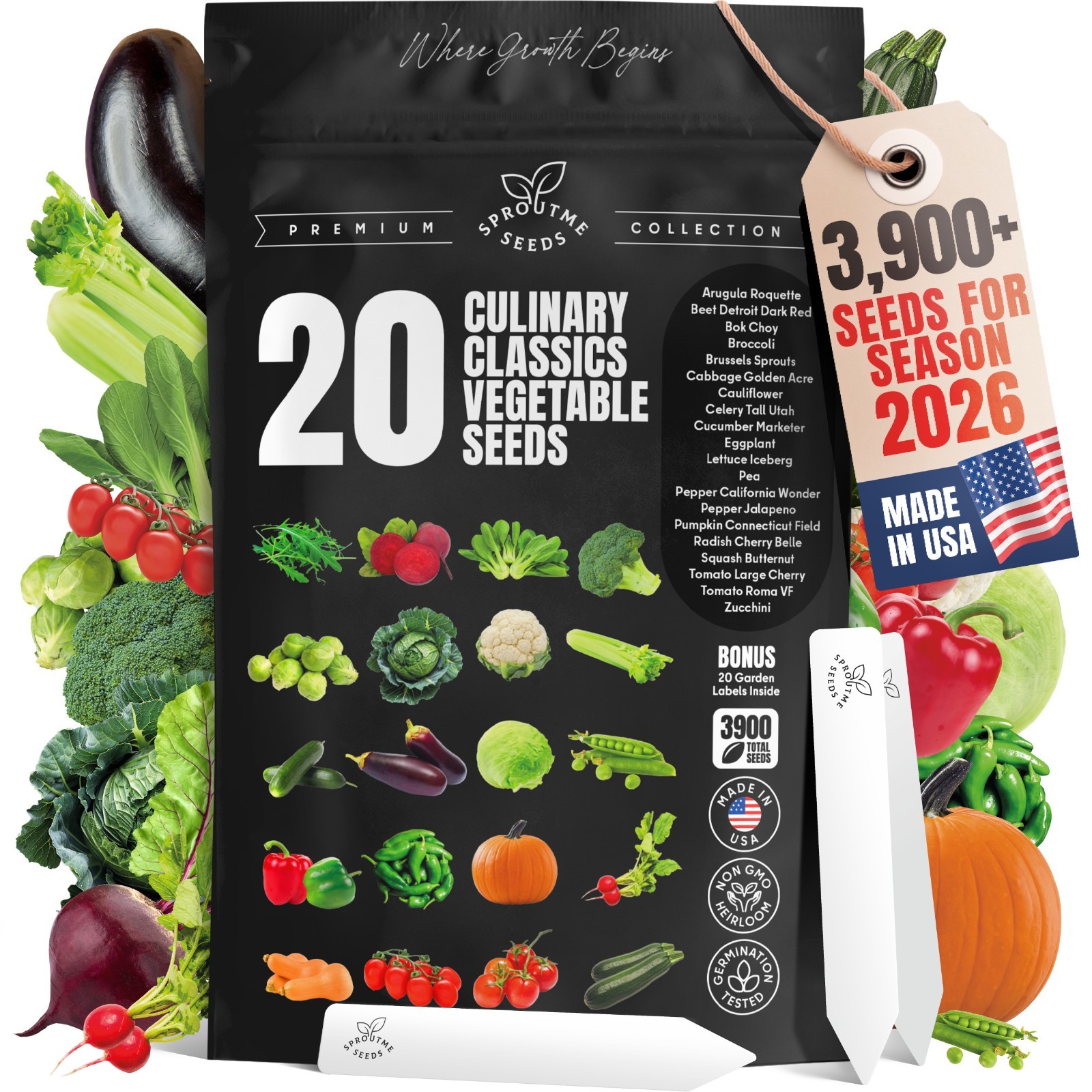 Vegetable Seed Variety Pack: 20 Heirloom Non-GMO Seeds with Plant Markers