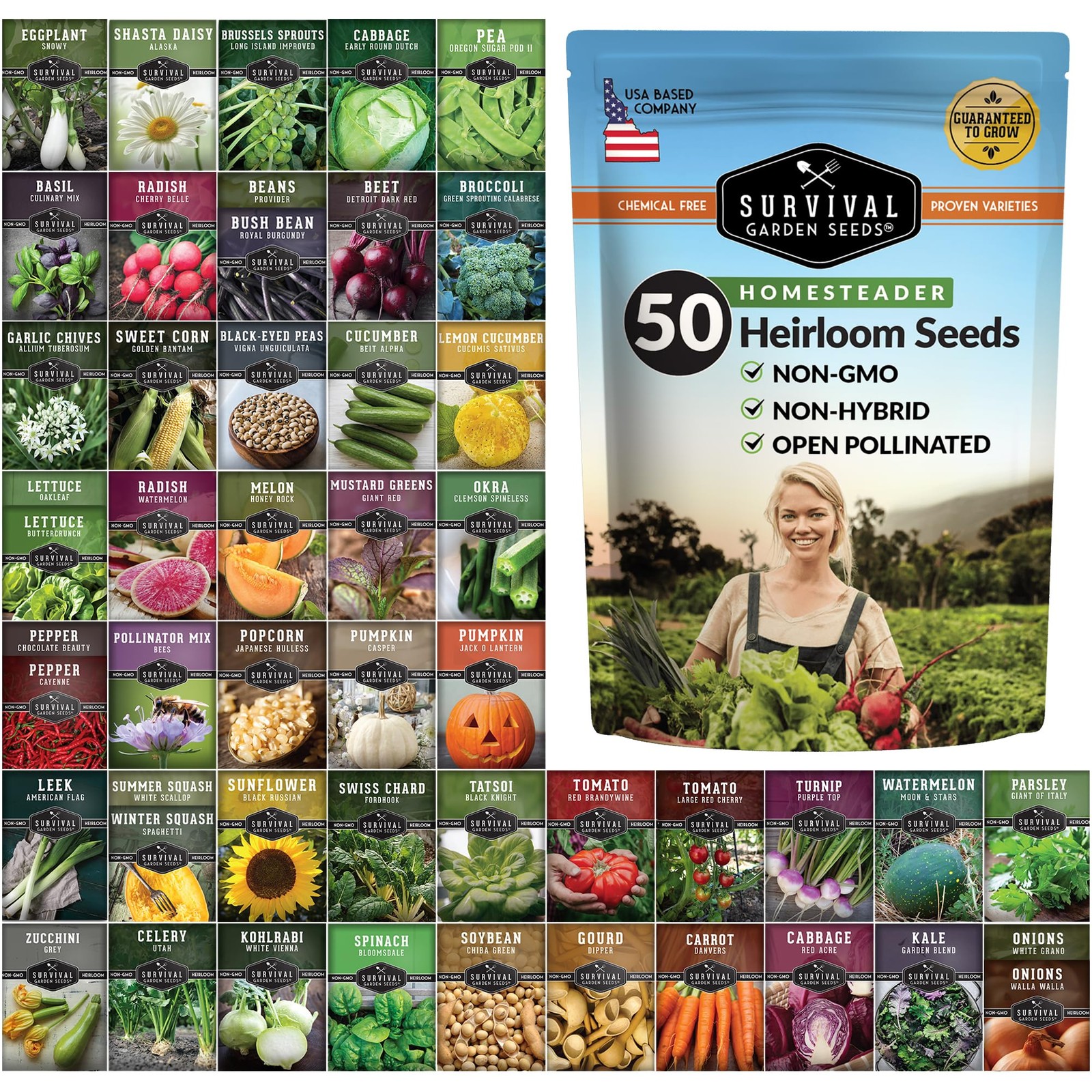 NonGMO Heirloom Seed Vault 50 Packs of Vegetable, Fruit, Herb Seeds for