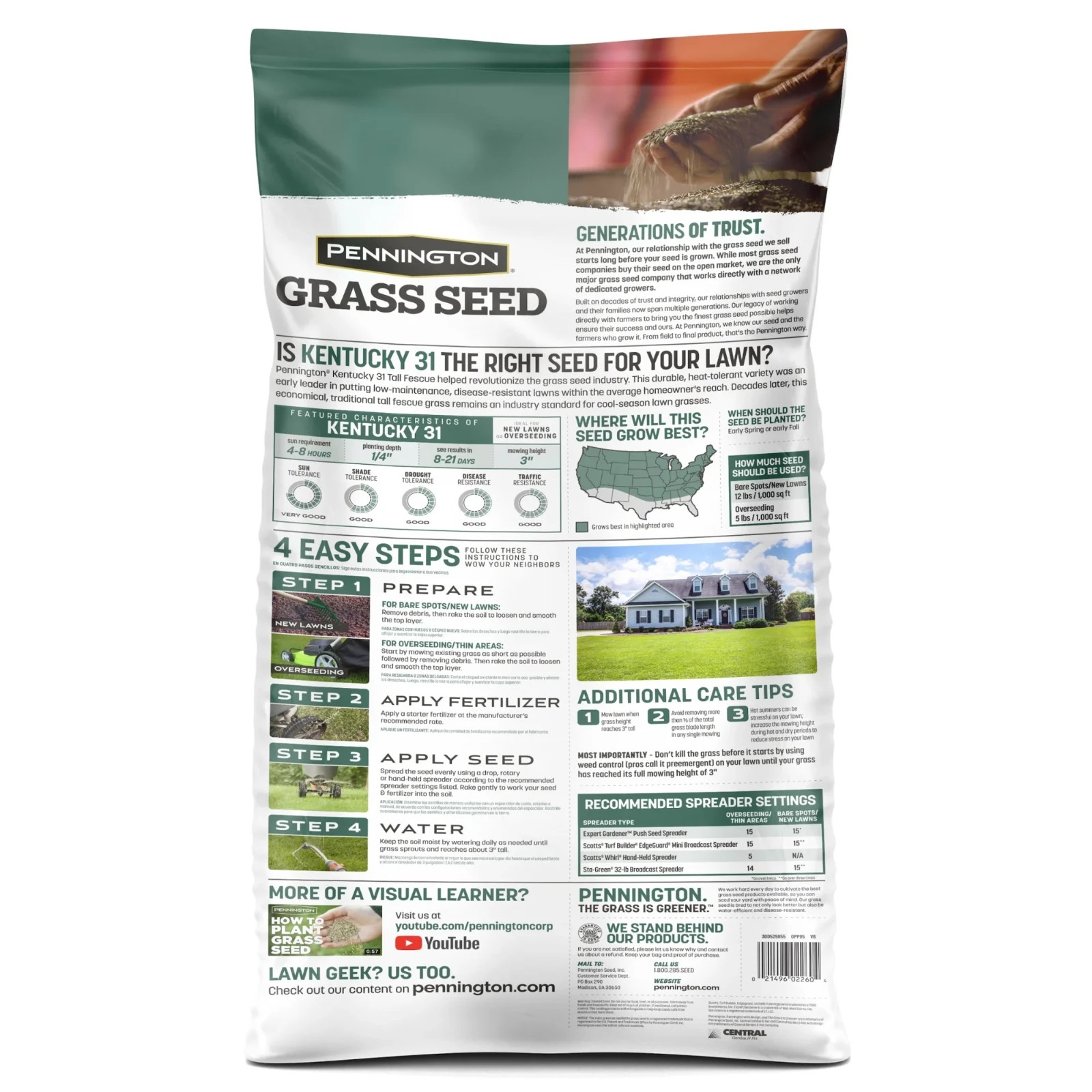 Pennington Kentucky 31 Tall Fescue Grass Seed Sun to Partial Shade 20 lb Bag New