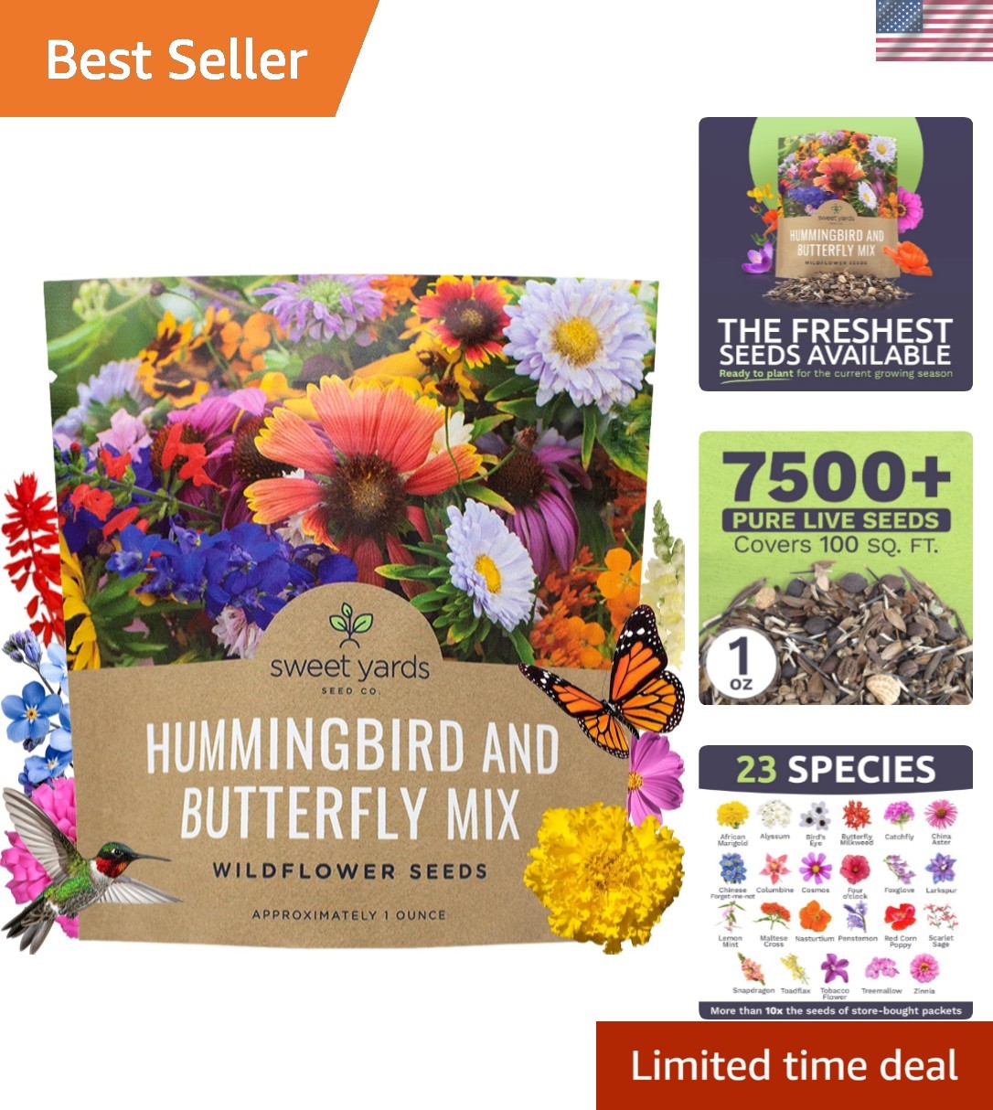 Wildflower Seeds Butterfly and Humming Bird Mix – Large 1 Ounce Packet 7,500+…