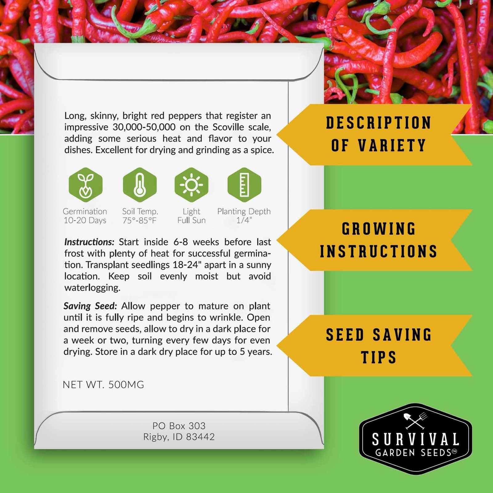 Cayenne Pepper Seeds Heirloom NonGMO Red Heat 3050K Scoville Planting Garden P