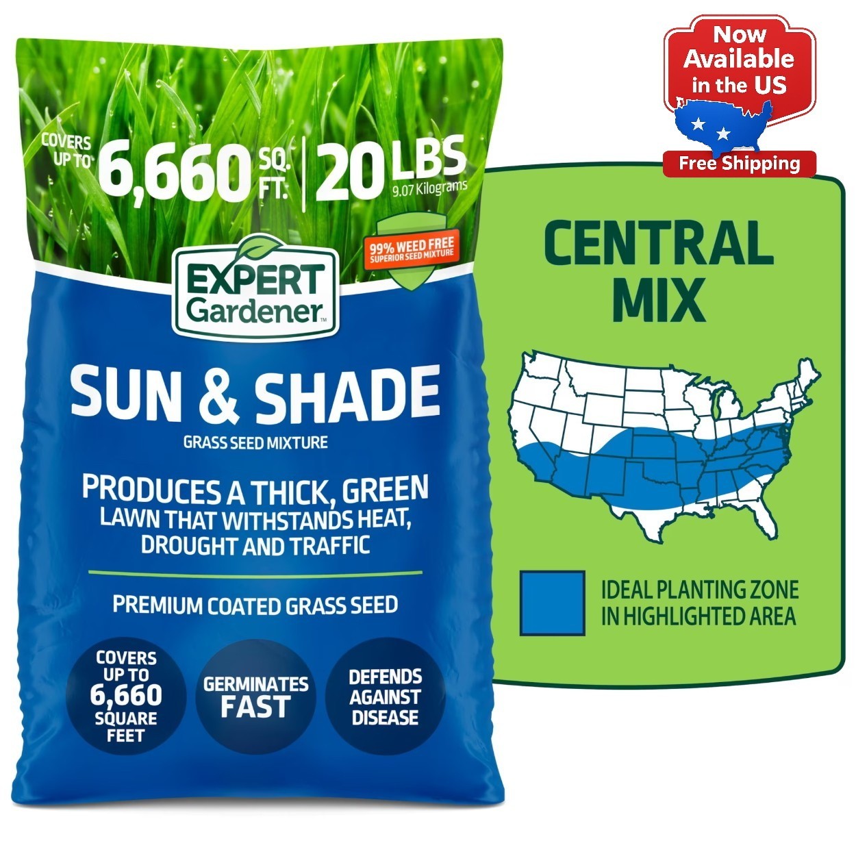 Expert Gardener Sun Shade Southern Grass Seed Mix, for Sun to Partial Shade 20lb