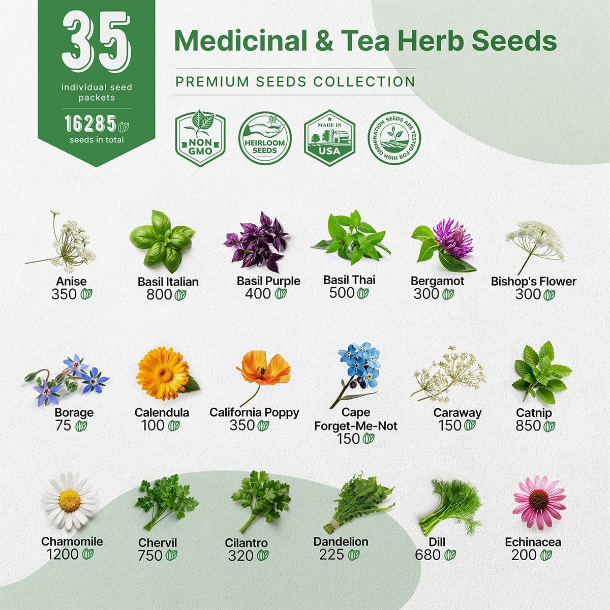 35 Medicinal & Tea Herb Seed Pack, 16,335+ Non-GMO Heirloom Seeds for Indoor/Out